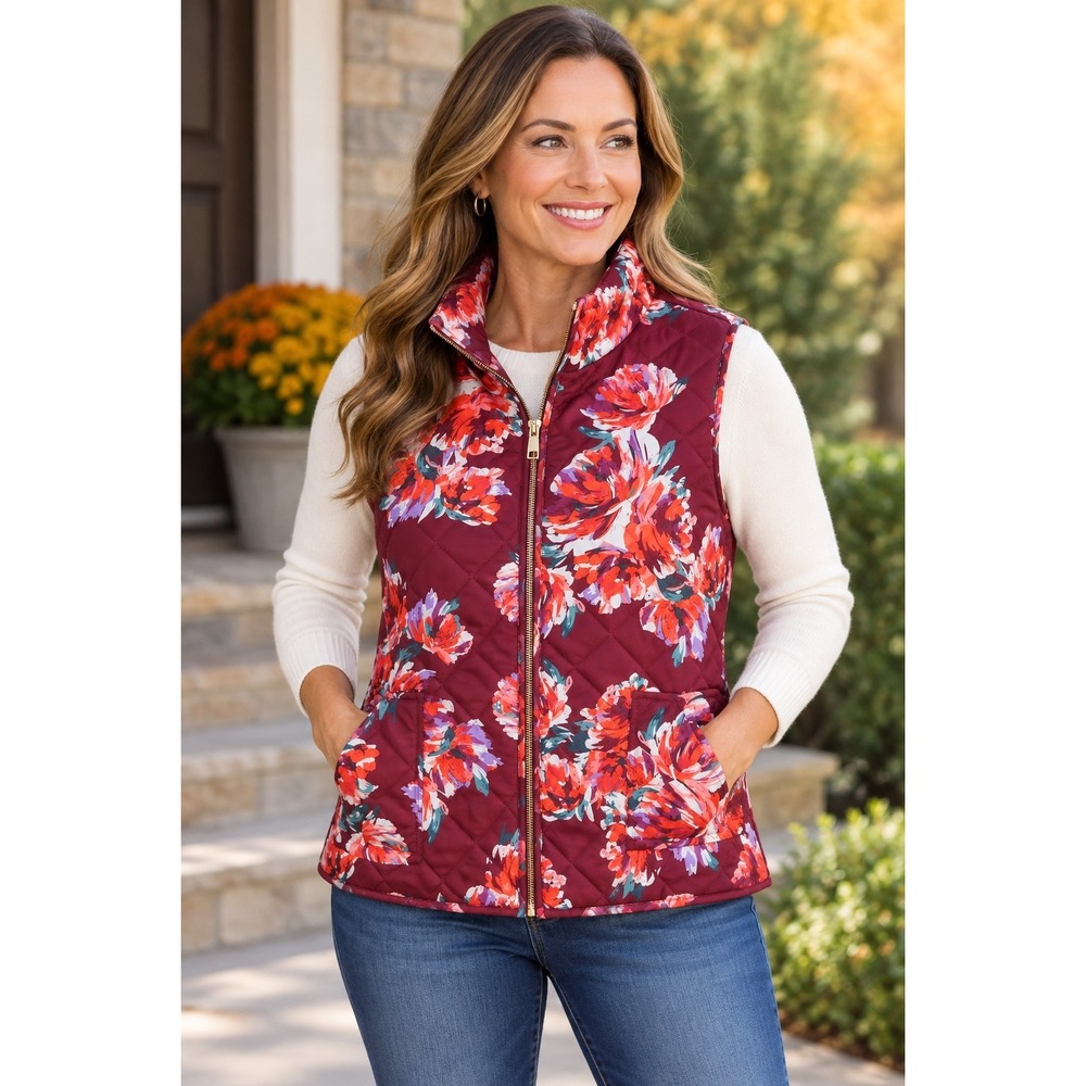 CATO Est 1949 Women XL Burgundy Floral Quilted Vest Full Zip Pockets Fall Layer